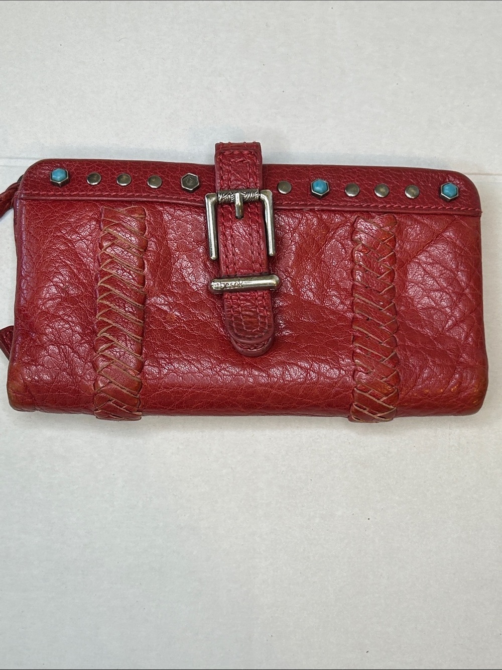 THE SAK RED LEATHER BRAIDED WALLET WITH BLUE STUDS LOTS OF ZIP POCKETS